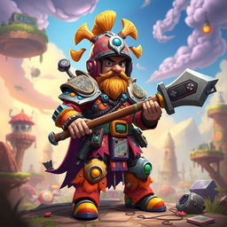 A wacky warrior character designed for a gamer, featuring a colorful and eccentric outfit with mismatched armor pieces, wild patterns, and bright colors