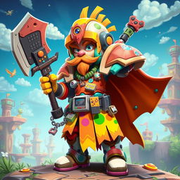 A wacky warrior character designed for a gamer, featuring a colorful and eccentric outfit with mismatched armor pieces, wild patterns, and bright colors