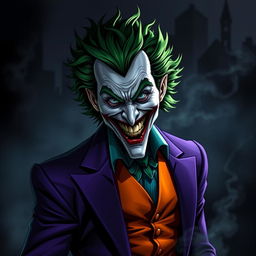 A dark and moody interpretation of the Joker from DC Comics, showcasing his iconic green hair, menacing grin, and colorful, chaotic outfit consisting of a purple suit and bright orange vest
