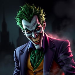 A dark and moody interpretation of the Joker from DC Comics, showcasing his iconic green hair, menacing grin, and colorful, chaotic outfit consisting of a purple suit and bright orange vest