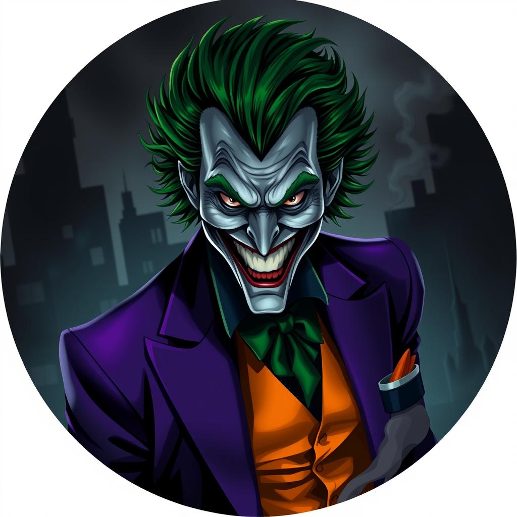 A dark and moody interpretation of the Joker from DC Comics, showcasing his iconic green hair, menacing grin, and colorful, chaotic outfit consisting of a purple suit and bright orange vest