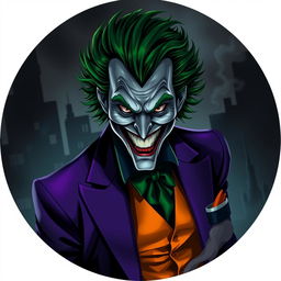 A dark and moody interpretation of the Joker from DC Comics, showcasing his iconic green hair, menacing grin, and colorful, chaotic outfit consisting of a purple suit and bright orange vest