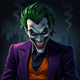A dark and moody interpretation of the Joker from DC Comics, showcasing his iconic green hair, menacing grin, and colorful, chaotic outfit consisting of a purple suit and bright orange vest