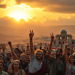 A powerful cinematic scene capturing the essence of Palestine, showcasing a vibrant landscape filled with rolling hills, ancient olive trees, and iconic stone architecture