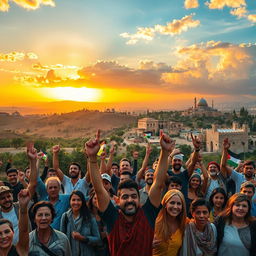 A powerful cinematic scene capturing the essence of Palestine, showcasing a vibrant landscape filled with rolling hills, ancient olive trees, and iconic stone architecture