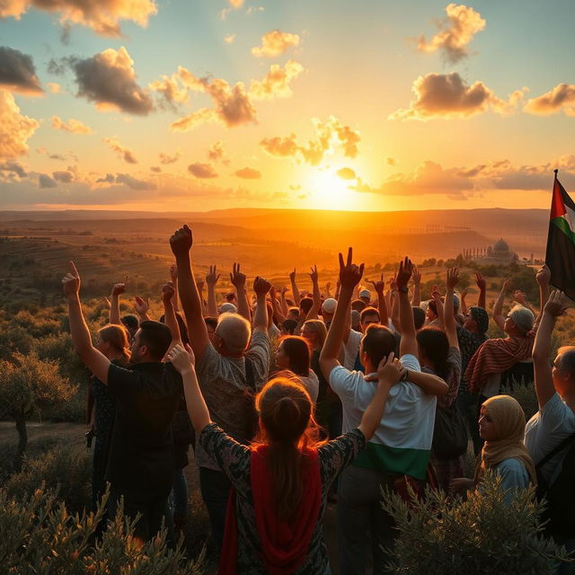 A powerful cinematic scene capturing the essence of Palestine, showcasing a vibrant landscape filled with rolling hills, ancient olive trees, and iconic stone architecture