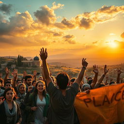 A powerful cinematic scene capturing the essence of Palestine, showcasing a vibrant landscape filled with rolling hills, ancient olive trees, and iconic stone architecture