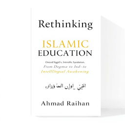 A modern book cover design for 'Rethinking Islamic Education: From Dogma to Intellectual Awakening' authored by Ahmad Raihan (أحمد ريحان), formatted for A4 paper size