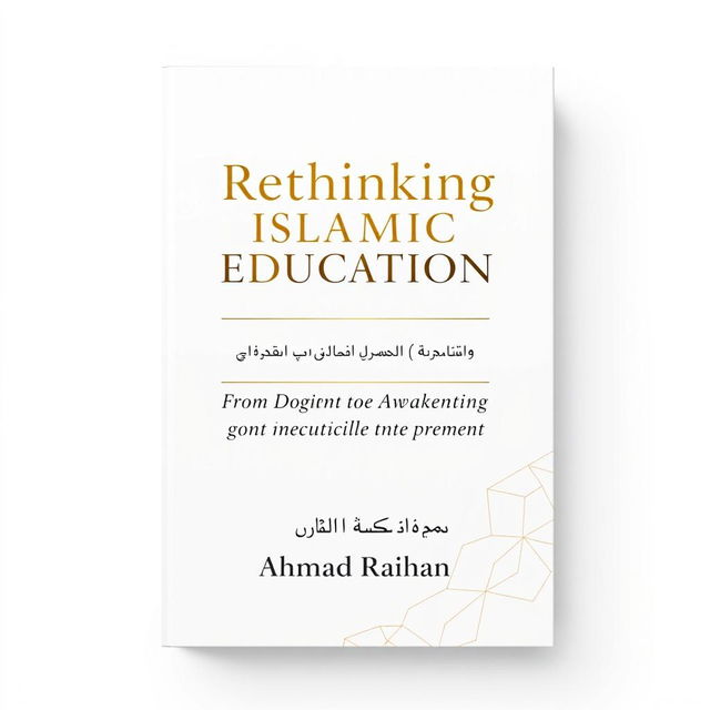 A modern book cover design for 'Rethinking Islamic Education: From Dogma to Intellectual Awakening' authored by Ahmad Raihan (أحمد ريحان), formatted for A4 paper size