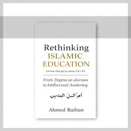 A modern book cover design for 'Rethinking Islamic Education: From Dogma to Intellectual Awakening' authored by Ahmad Raihan (أحمد ريحان), formatted for A4 paper size