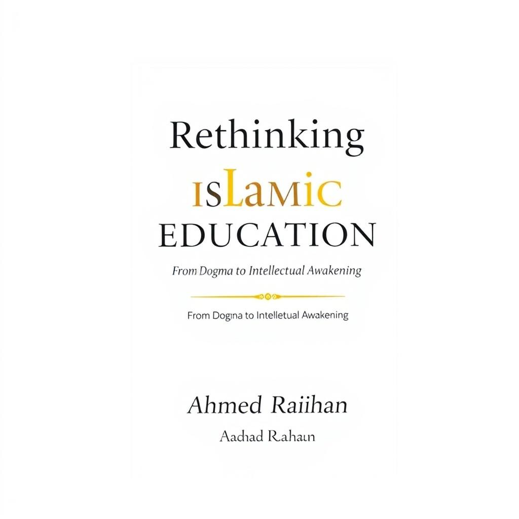 A modern book cover design for 'Rethinking Islamic Education: From Dogma to Intellectual Awakening' authored by Ahmad Raihan (أحمد ريحان), formatted for A4 paper size