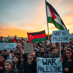 A powerful protest scene standing up against war in Palestine, featuring a diverse group of passionate protesters holding banners and flags, with prominent slogans advocating for peace and justice