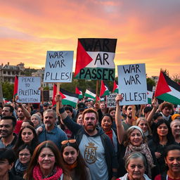 A powerful protest scene standing up against war in Palestine, featuring a diverse group of passionate protesters holding banners and flags, with prominent slogans advocating for peace and justice