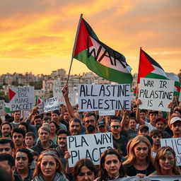 A powerful protest scene standing up against war in Palestine, featuring a diverse group of passionate protesters holding banners and flags, with prominent slogans advocating for peace and justice
