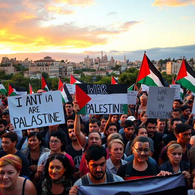 A powerful protest scene standing up against war in Palestine, featuring a diverse group of passionate protesters holding banners and flags, with prominent slogans advocating for peace and justice