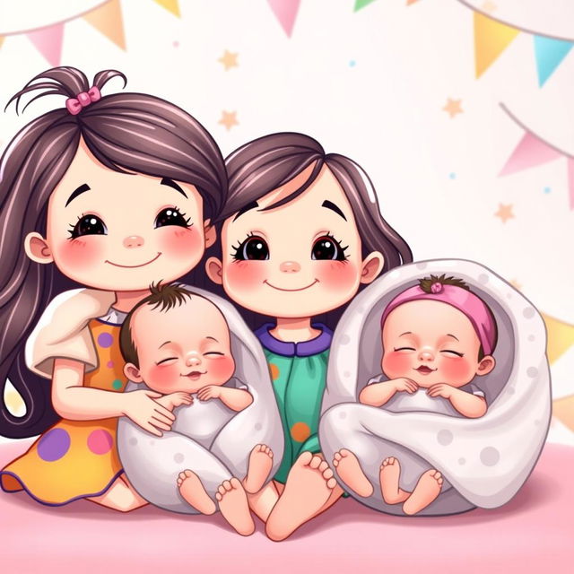 A vector illustration of a cheerful 6-year-old girl with long hair, sitting beside adorable newborn twins, a baby boy and a baby girl