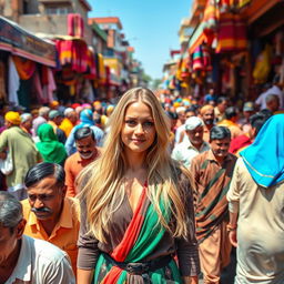 A bustling Indian market scene filled with a dense crowd of Indian men in colorful traditional attire