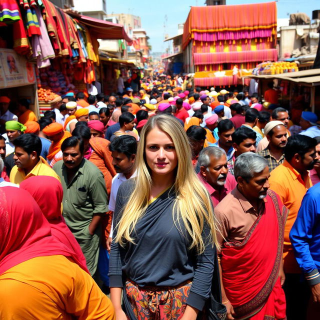 A bustling Indian market scene filled with a dense crowd of Indian men in colorful traditional attire