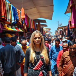 A bustling Indian market scene filled with a dense crowd of Indian men in colorful traditional attire