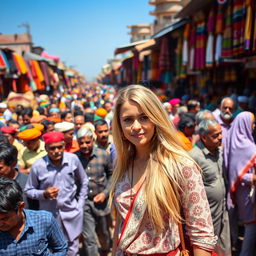 A bustling Indian market scene filled with a dense crowd of Indian men in colorful traditional attire