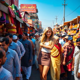 A vibrant and busy Indian market scene filled with a dense crowd of Indian men wearing traditional attire