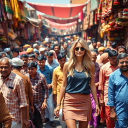 A vibrant and busy Indian market scene filled with a dense crowd of Indian men wearing traditional attire