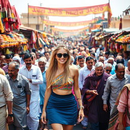 A vibrant and busy Indian market scene filled with a dense crowd of Indian men wearing traditional attire
