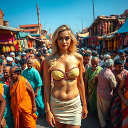 A lively and colorful Indian market scene, bustling with a dense crowd of Indian men dressed in traditional attire