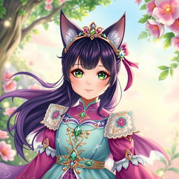 A young girl with dark violet hair and cat ears, showcasing vibrant green eyes, dressed in a beautifully detailed princess outfit inspired by manhwa art style