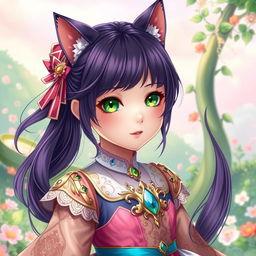 A young girl with dark violet hair and cat ears, showcasing vibrant green eyes, dressed in a beautifully detailed princess outfit inspired by manhwa art style