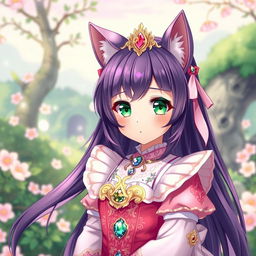 A young girl with dark violet hair and cat ears, showcasing vibrant green eyes, dressed in a beautifully detailed princess outfit inspired by manhwa art style