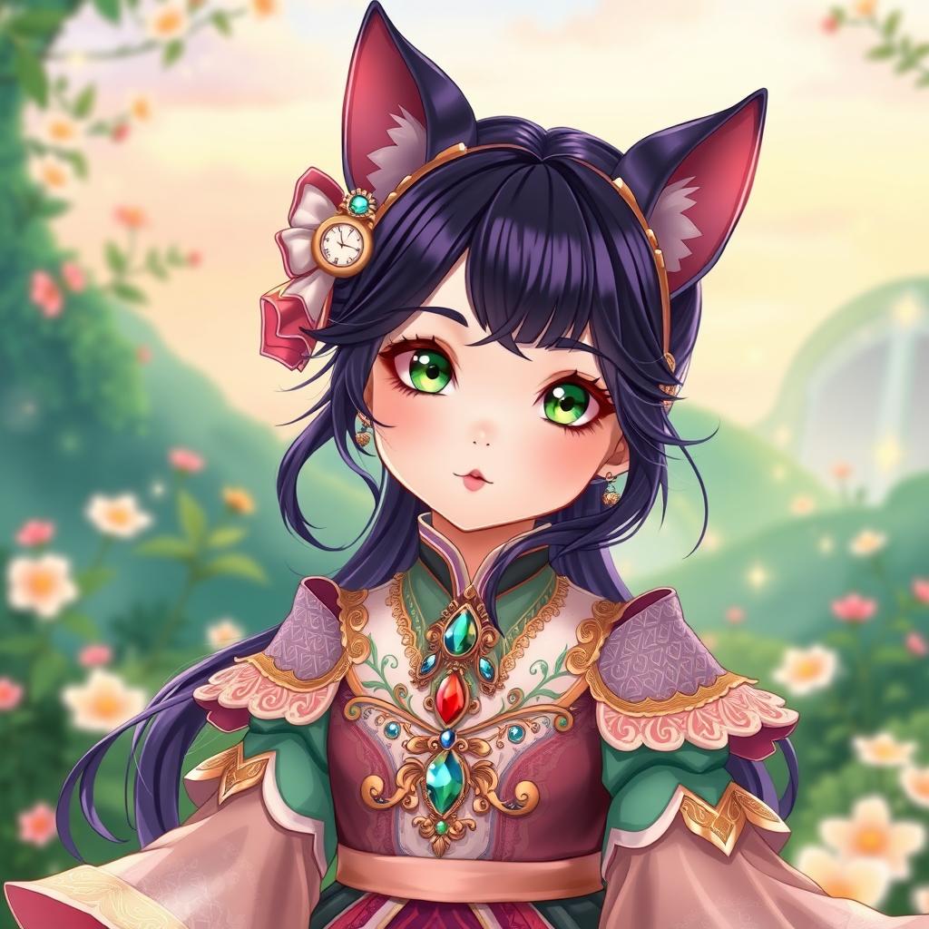 A young girl with dark violet hair and cat ears, showcasing vibrant green eyes, dressed in a beautifully detailed princess outfit inspired by manhwa art style