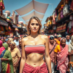 A lively Indian market scene bustling with a dense crowd of Indian men dressed in colorful traditional clothing