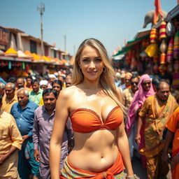 A lively Indian market scene bustling with a dense crowd of Indian men dressed in colorful traditional clothing
