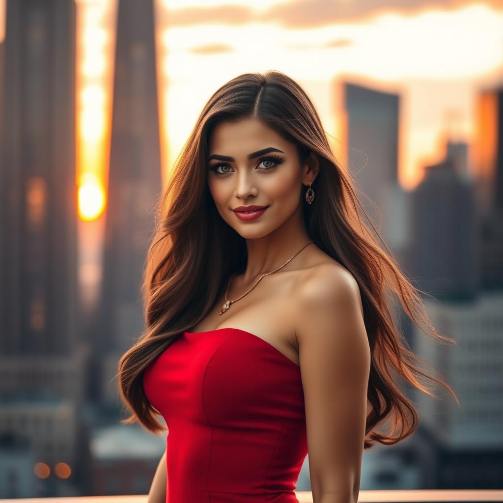 A beautiful and captivating woman with long, flowing brown hair, wearing a sleek, form-fitting red dress that accentuates her curves