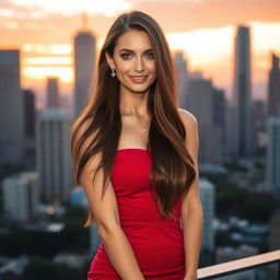 A beautiful and captivating woman with long, flowing brown hair, wearing a sleek, form-fitting red dress that accentuates her curves