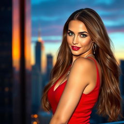 A beautiful and captivating woman with long, flowing brown hair, wearing a sleek, form-fitting red dress that accentuates her curves