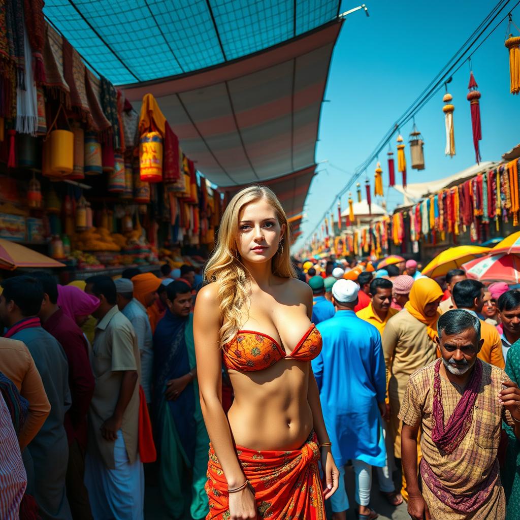 A lively Indian market scene, bustling with a dense crowd of Indian men dressed in colorful traditional clothing