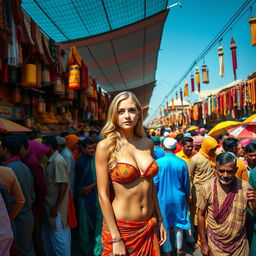 A lively Indian market scene, bustling with a dense crowd of Indian men dressed in colorful traditional clothing