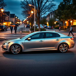 A sleek 2011 Saab 9-3 EV sedan parked on a modern city street, its metallic silver body gleaming under the soft glow of streetlights
