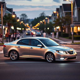 A sleek 2011 Saab 9-3 EV sedan parked on a modern city street, its metallic silver body gleaming under the soft glow of streetlights