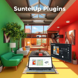 A visually appealing and informative scene showcasing multiple SketchUp plugins in action, including vibrant and dynamic interactions within a 3D architectural environment