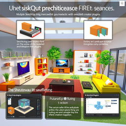 A visually appealing and informative scene showcasing multiple SketchUp plugins in action, including vibrant and dynamic interactions within a 3D architectural environment