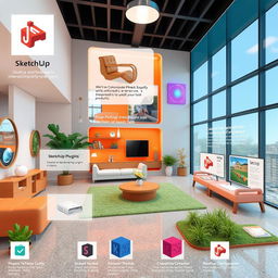 A visually appealing and informative scene showcasing multiple SketchUp plugins in action, including vibrant and dynamic interactions within a 3D architectural environment