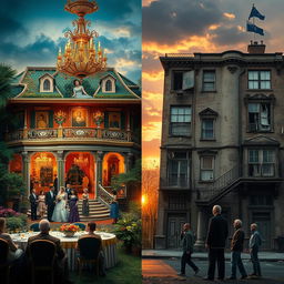 A visually striking contrast between the opulence of wealth and the struggle of poverty