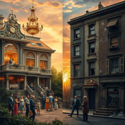 A visually striking contrast between the opulence of wealth and the struggle of poverty