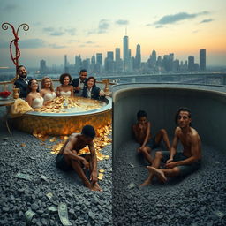 A striking and surreal scene depicting a stark contrast between wealth and poverty