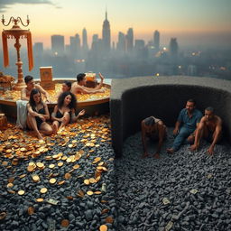 A striking and surreal scene depicting a stark contrast between wealth and poverty