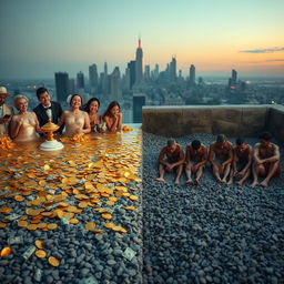 A striking and surreal scene depicting a stark contrast between wealth and poverty