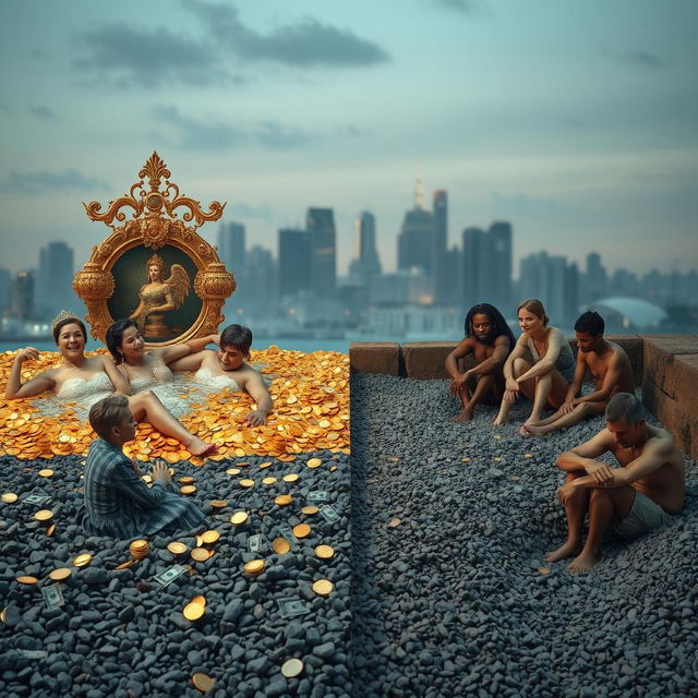 A striking and surreal scene depicting a stark contrast between wealth and poverty